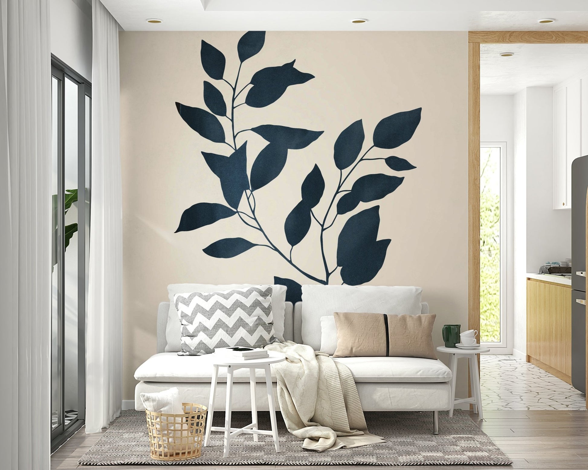 Bold plant design wall mural featuring silhouettes of leaves.


