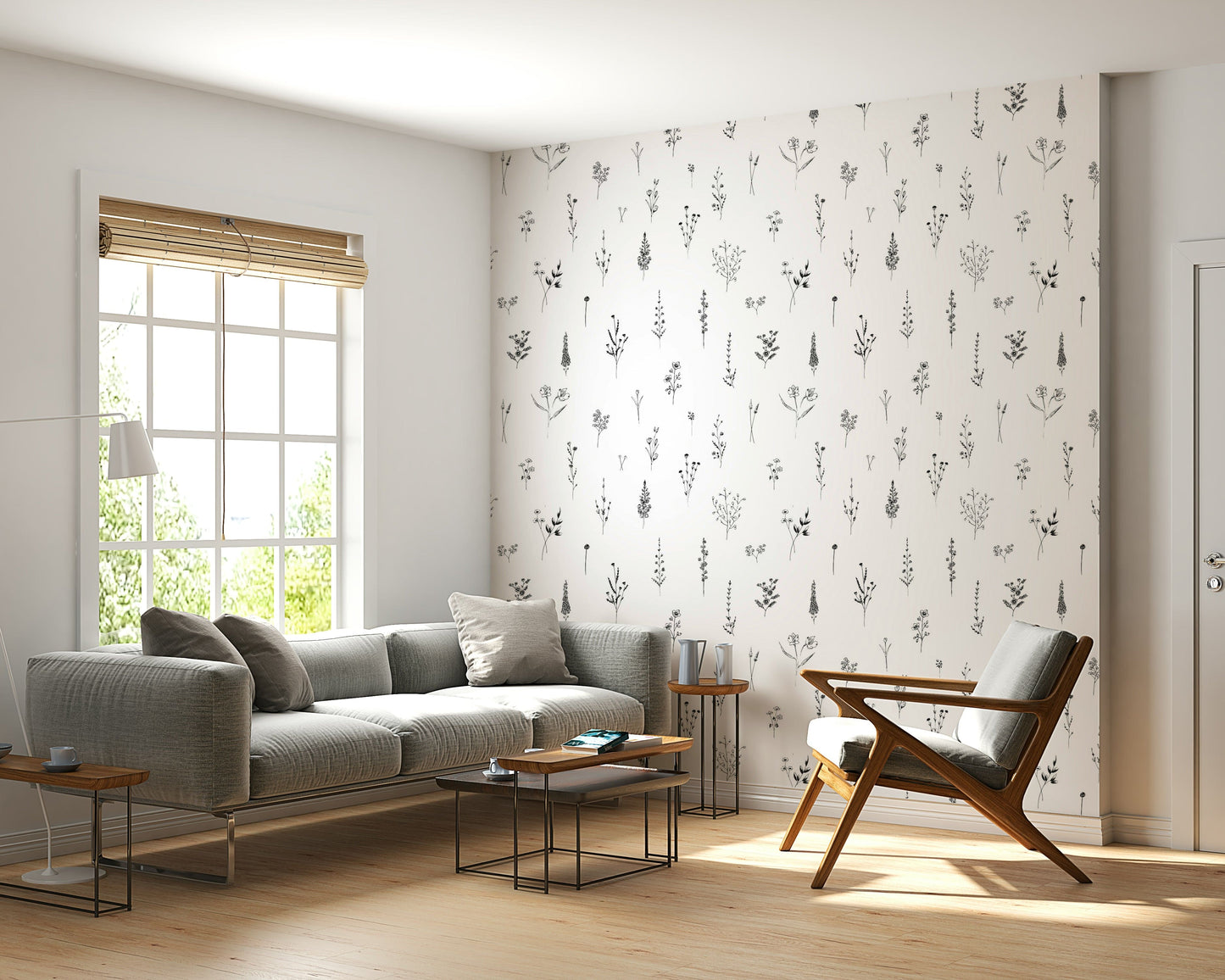 Minimalist wallpaper with hand-drawn wildflower sketches scattered evenly across a light neutral surface