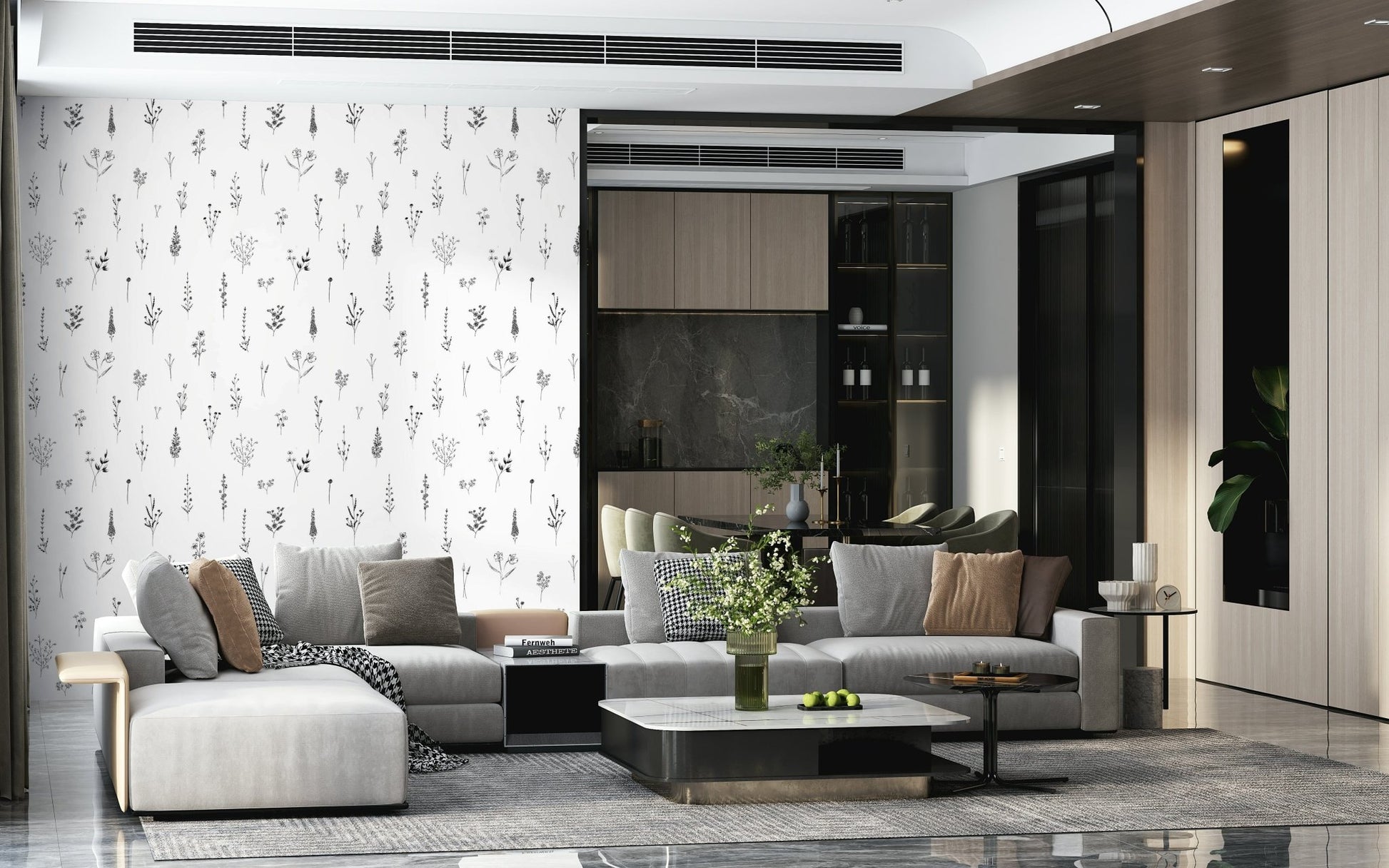 Contemporary wallpaper with delicate hand-drawn florals arranged in a subtle repeating pattern