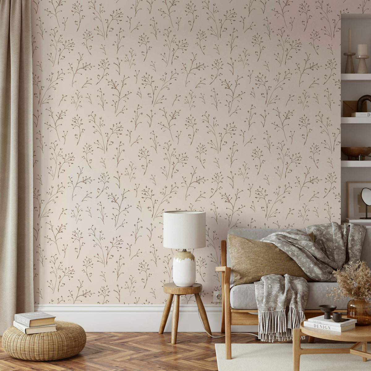 A full-wall mural showing a pattern of sketched twigs.
