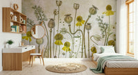 An artistic elegant floral mural on minimalist wallpaper.

