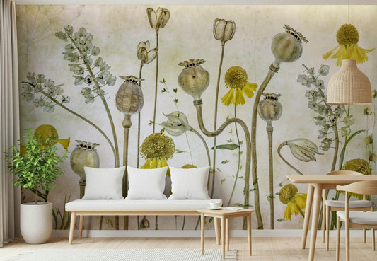 A beautiful classical still life wallpaper mural with flowers.

