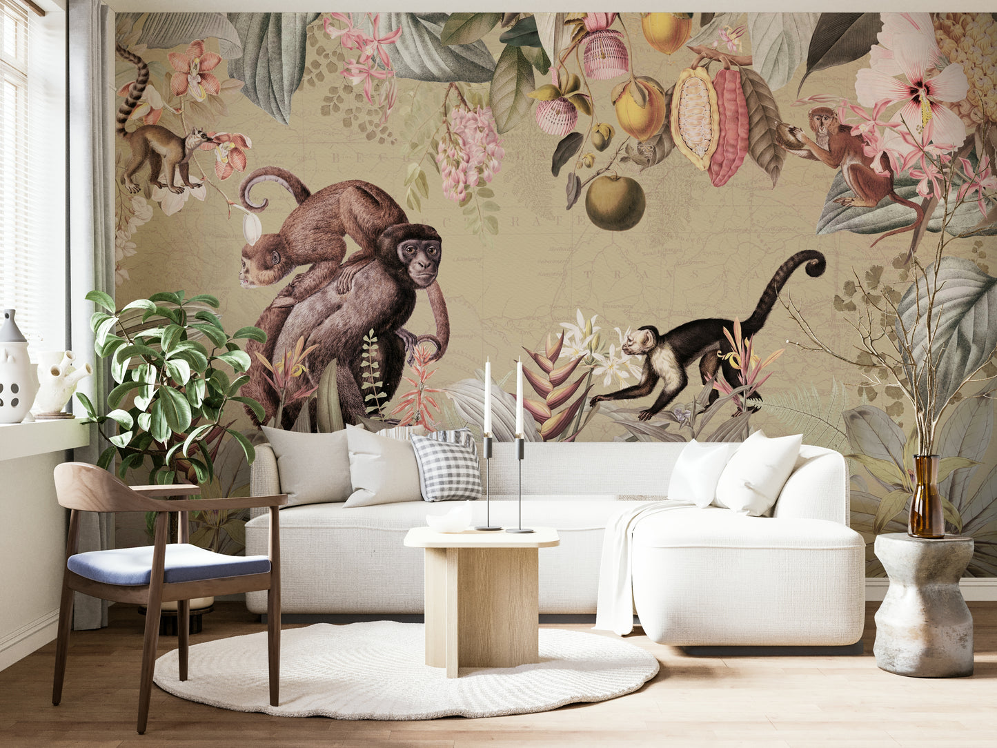 Timeless botanical mural featuring rich plants and vintage tones

