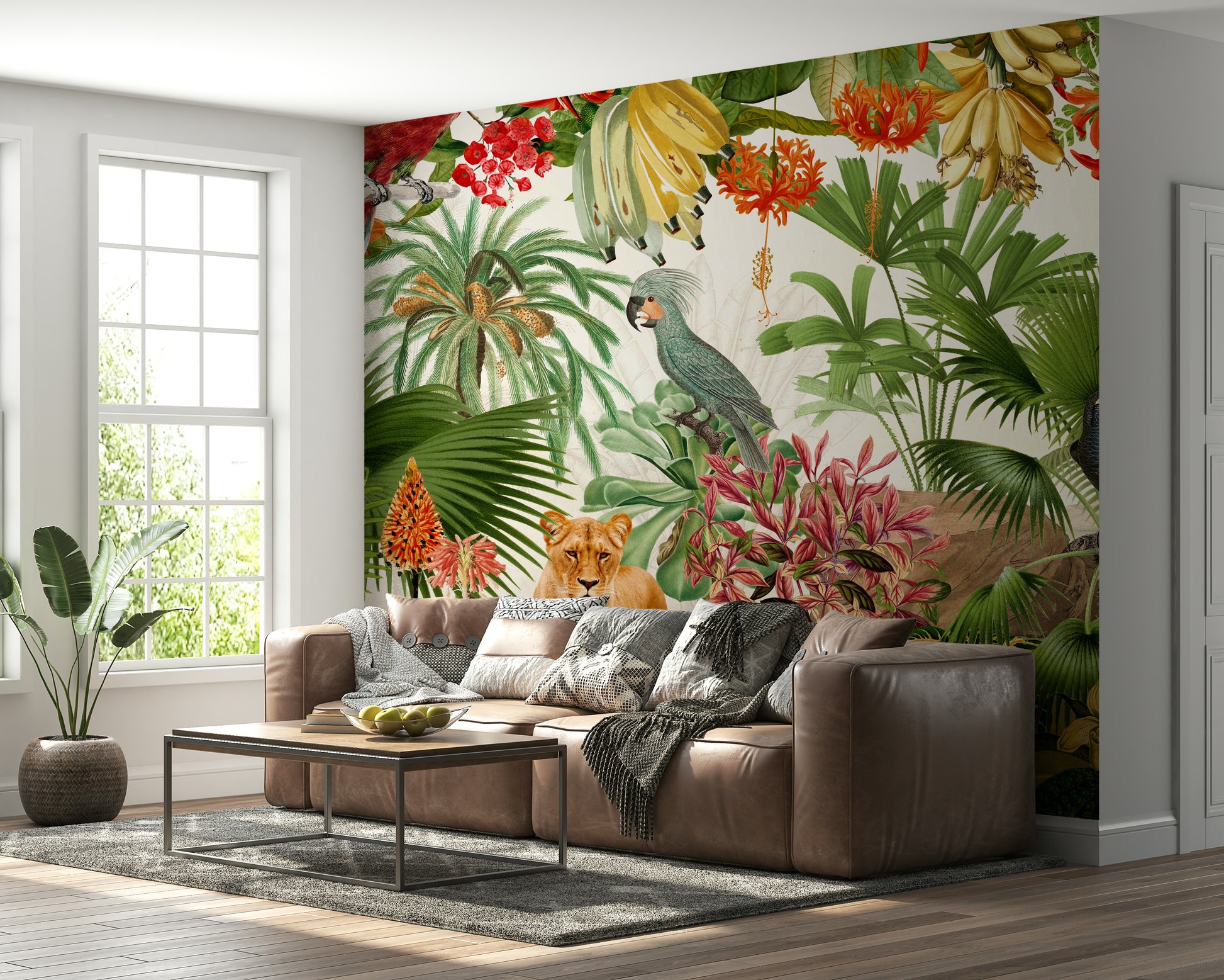 Vintage botanical mural with delicate flowers and greenery

