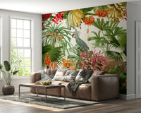 Vintage botanical mural with delicate flowers and greenery

