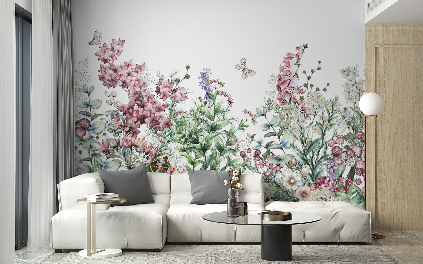Charming herbs and wildflowers botanical wallpaper mural.
