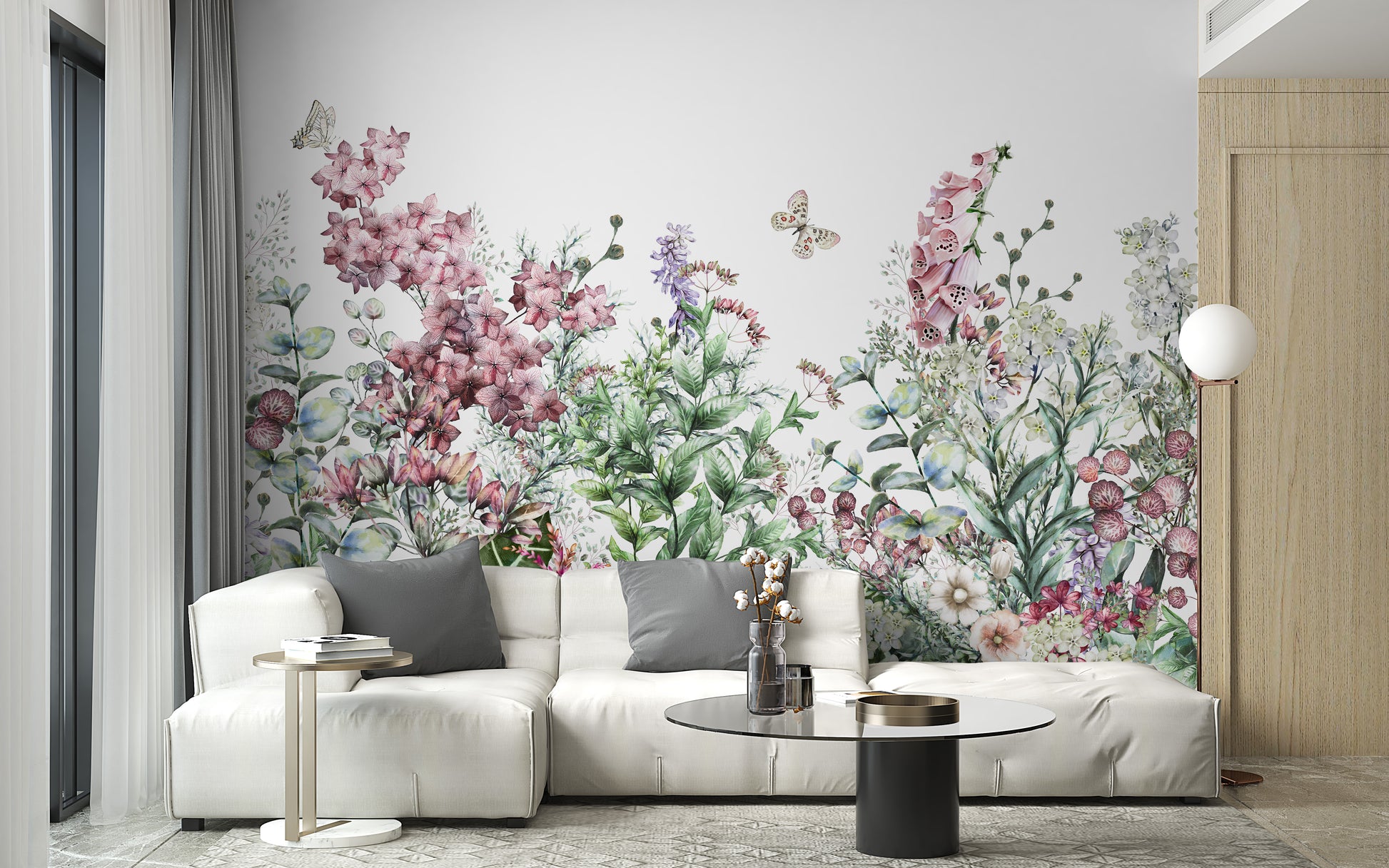 Charming herbs and wildflowers botanical wallpaper mural.
