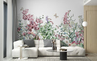 Charming herbs and wildflowers botanical wallpaper mural.