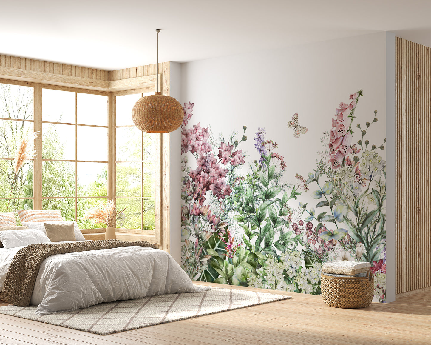 Botanical wallpaper mural with wildflowers and herbs