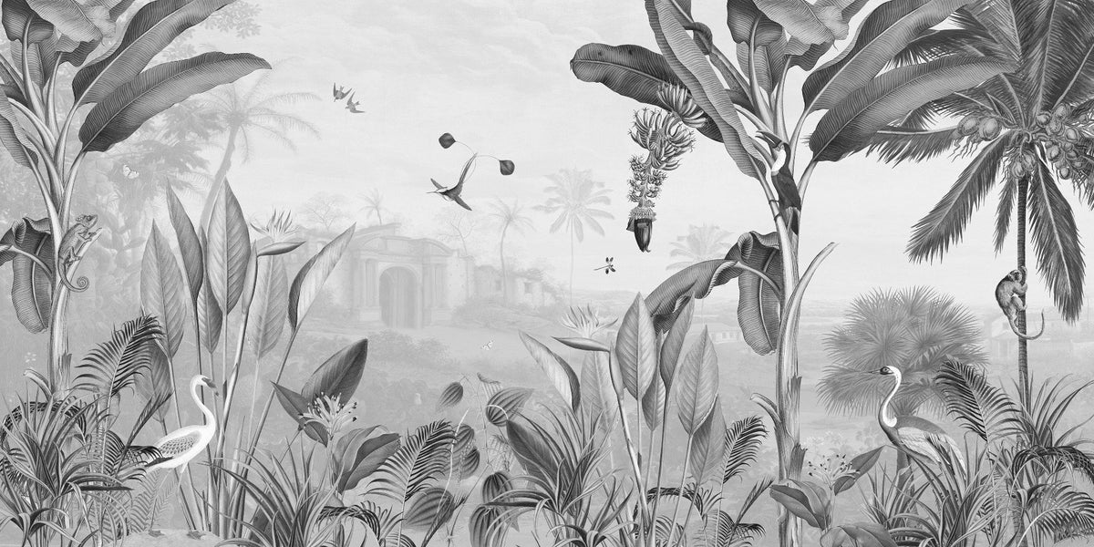 Black and White Forest Mansion Wallpaper in your room — zoomed