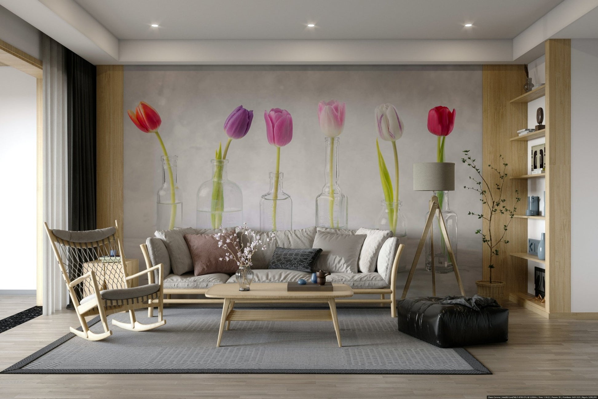 The print captures fine details of the petals, water in the vases, and the glass's reflective quality.

