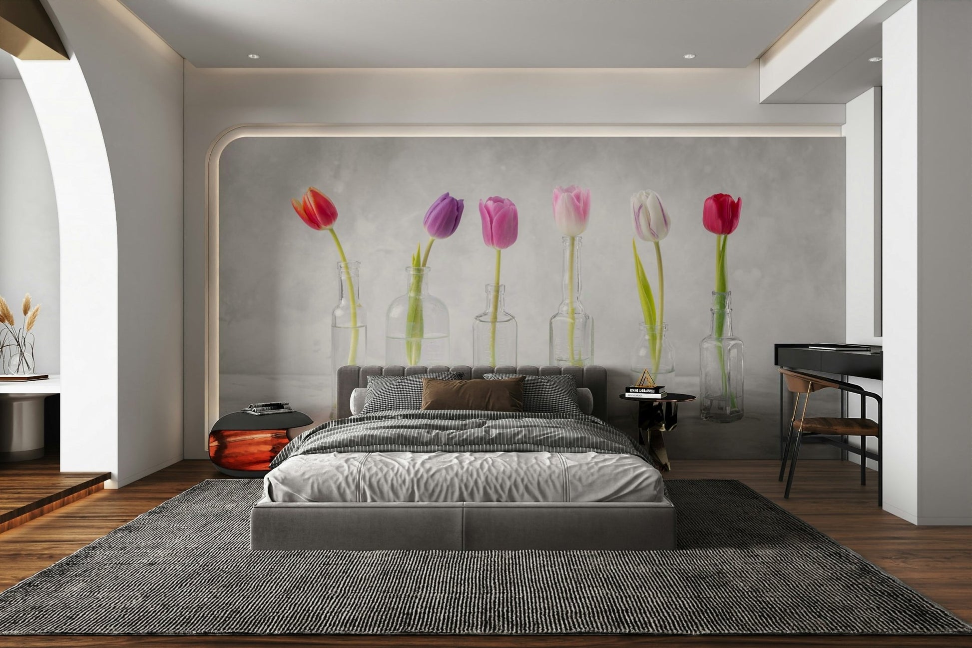 The room feels calm and elegant due to the minimalist design.

