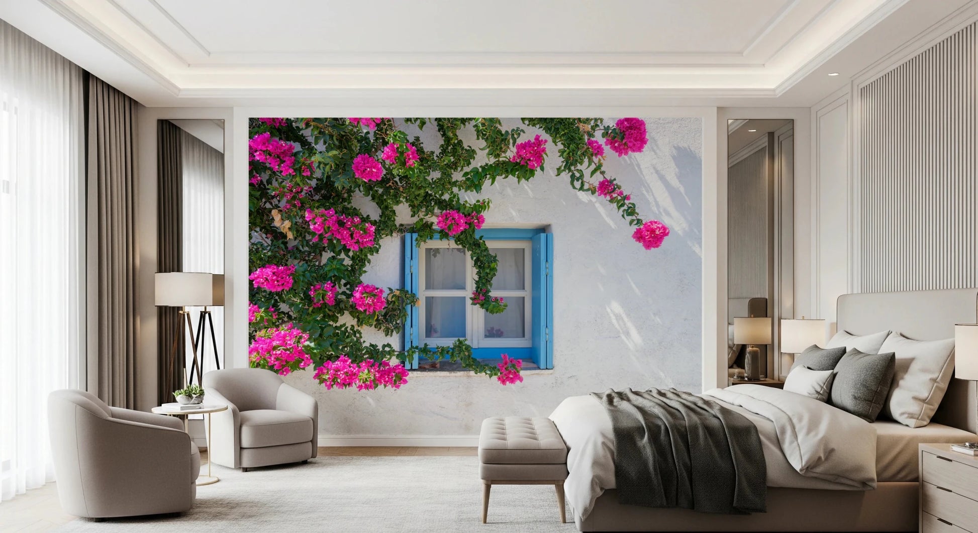 Bougainvillea by Blue Window Wall Mural