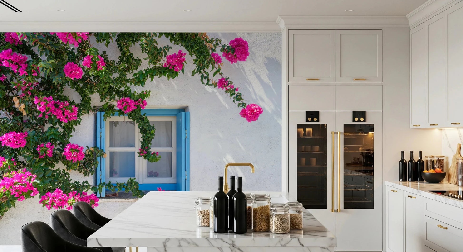 Bougainvillea by Blue Window Wall Mural