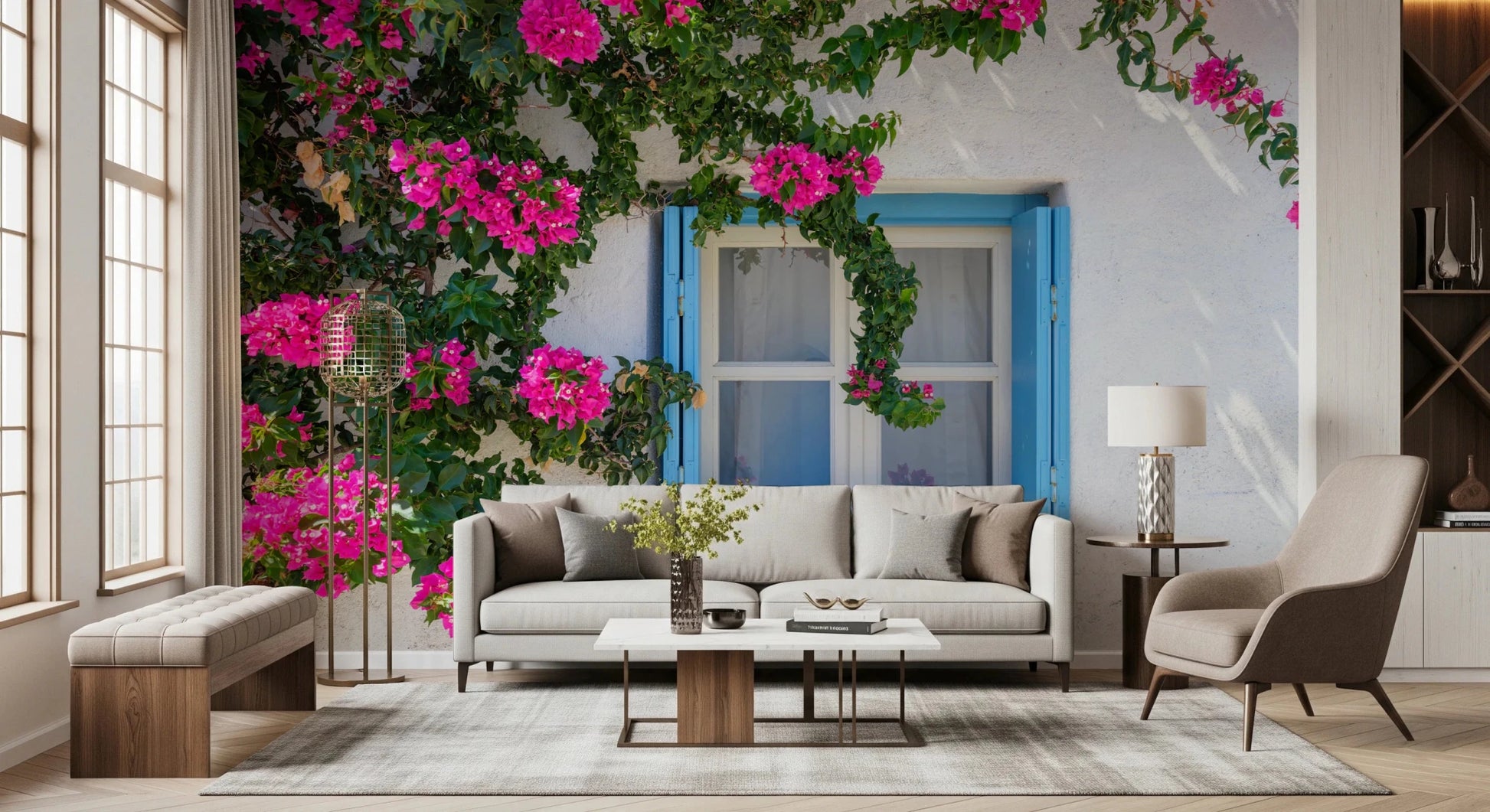 Bougainvillea by Blue Window Wall Mural