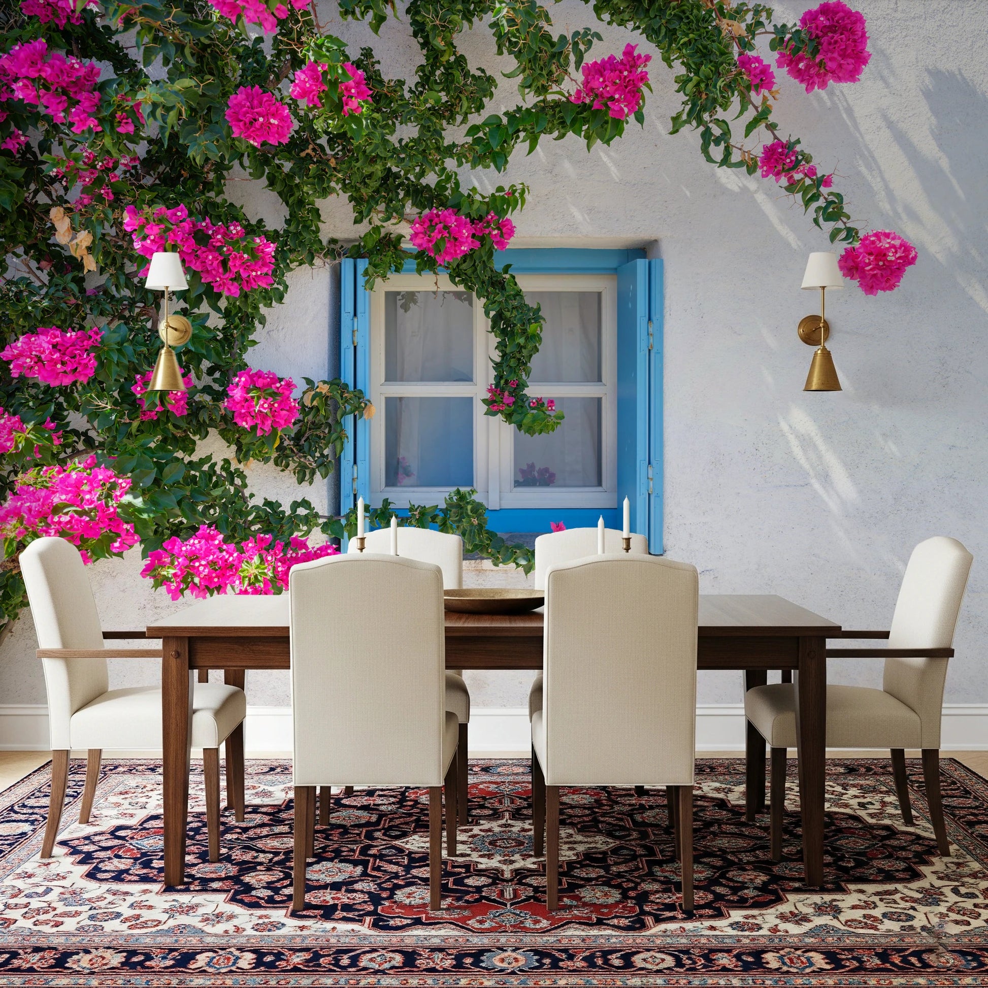 Bougainvillea by Blue Window Wall Mural