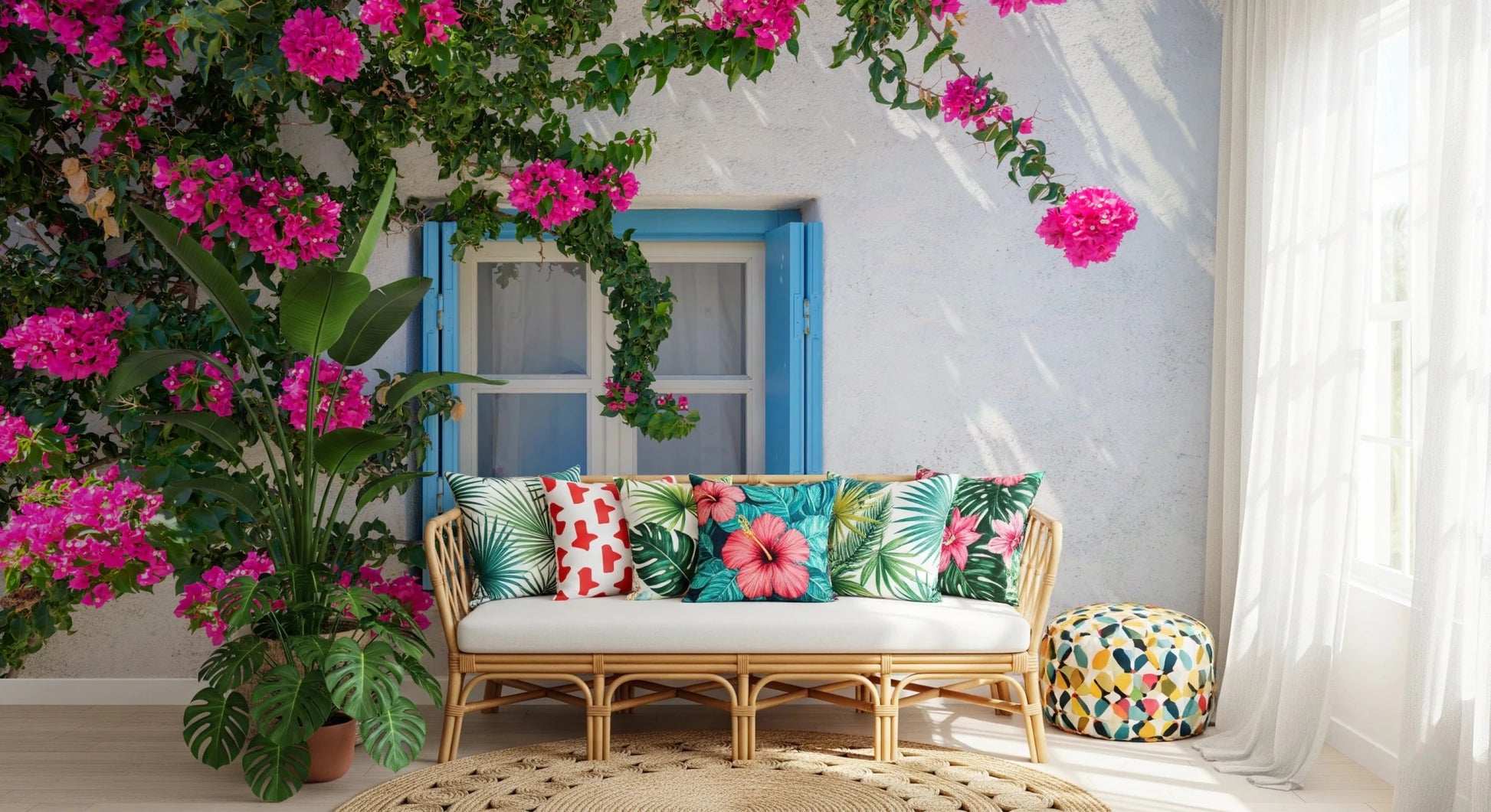 Bougainvillea by Blue Window Wall Mural