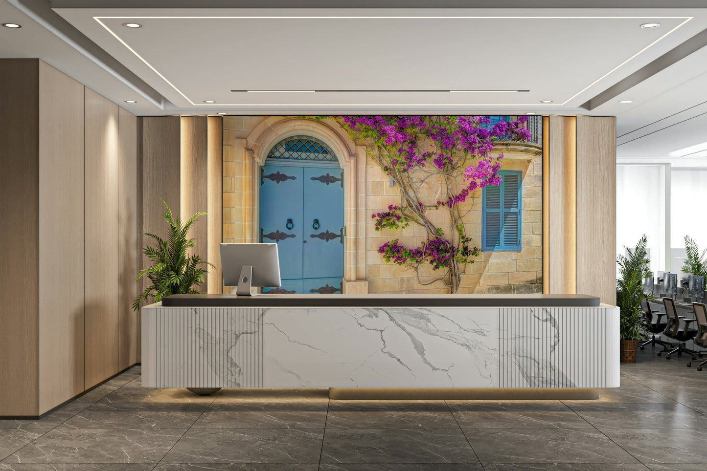 The wallpaper is applied seamlessly, making the view feel realistic.

