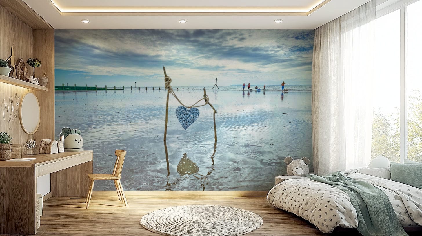 Bound by Love beach mural, silver heart on wet sand.