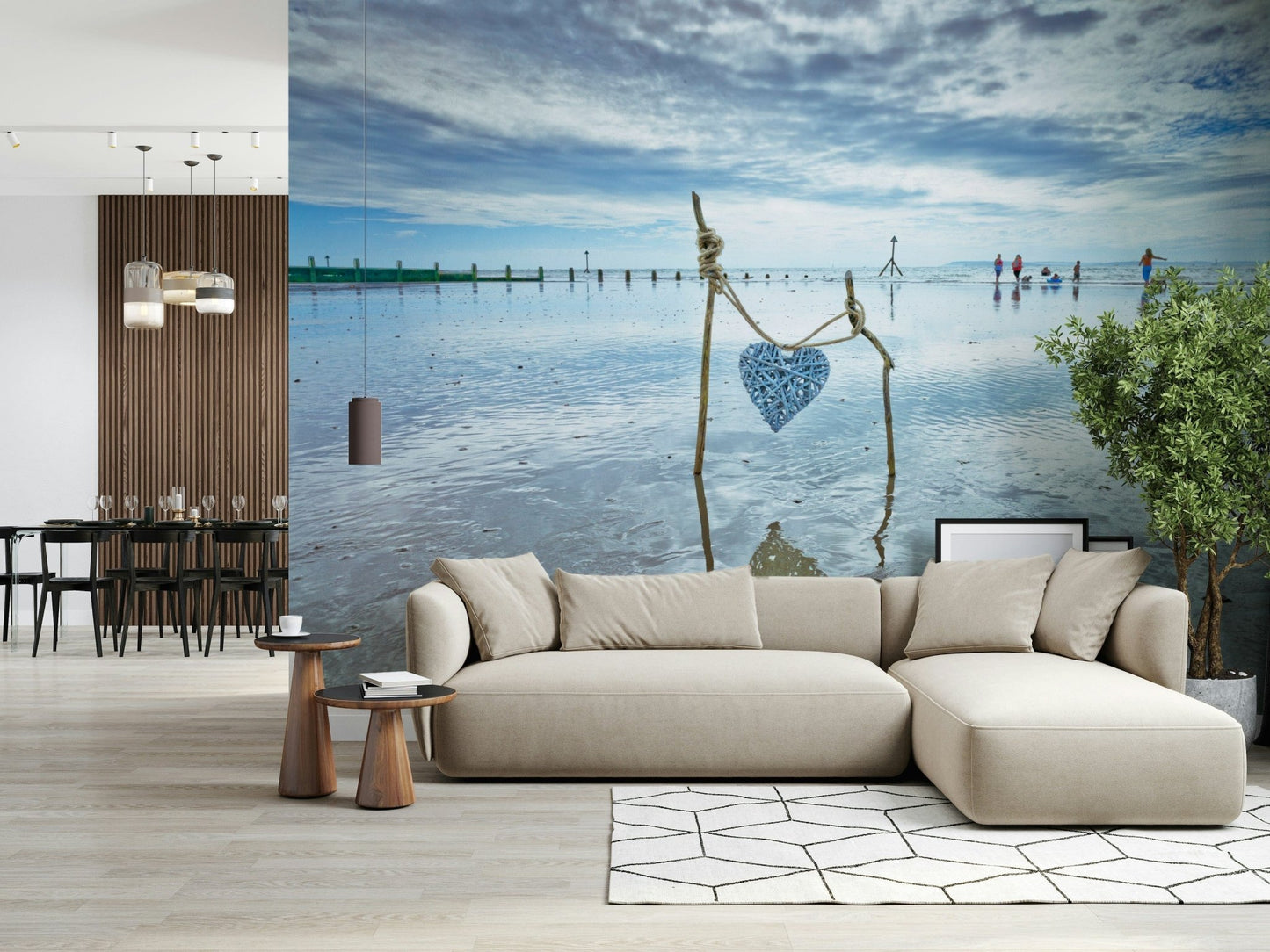 Twig structure holding Bound by Love wall mural serene ocean.