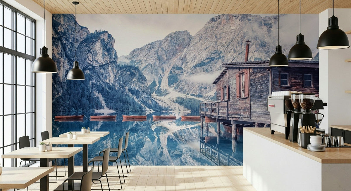 Braies Lake Serenity wooden cabin wallpaper for walls.