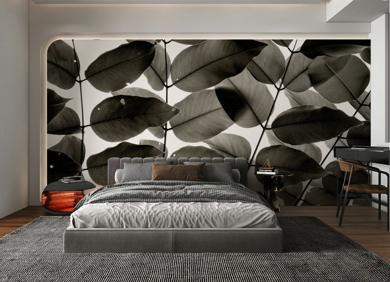 A graceful subtle leaf wall mural in cool, natural tones.

