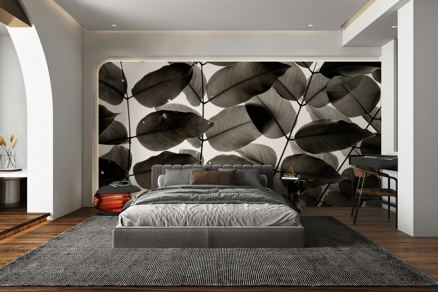 A graceful subtle leaf wall mural in cool, natural tones.


