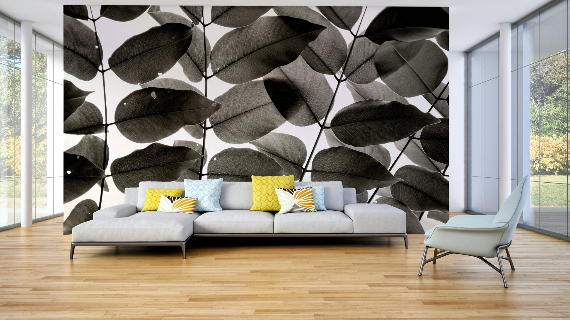 A beautiful serene foliage wallpaper mural for a modern home.

