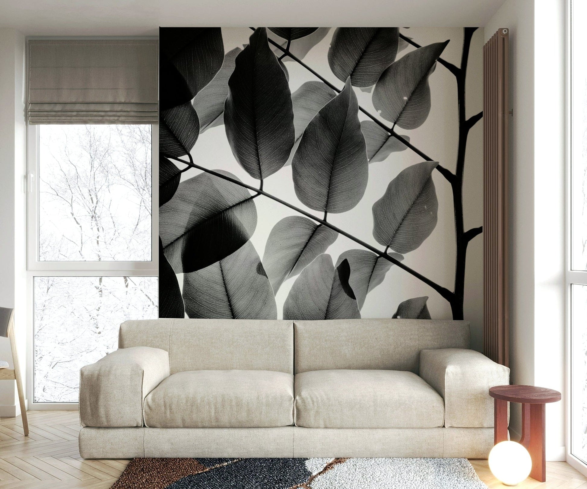 A calming foliage design wallpaper mural that defines a space.

