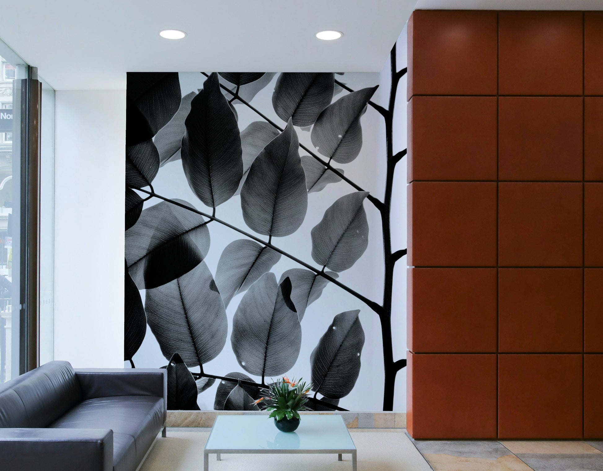 A beautiful modern art wall mural of tree leaves.


