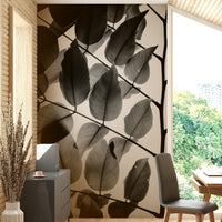 A peaceful woodland scene mural on decorative wallpaper.

