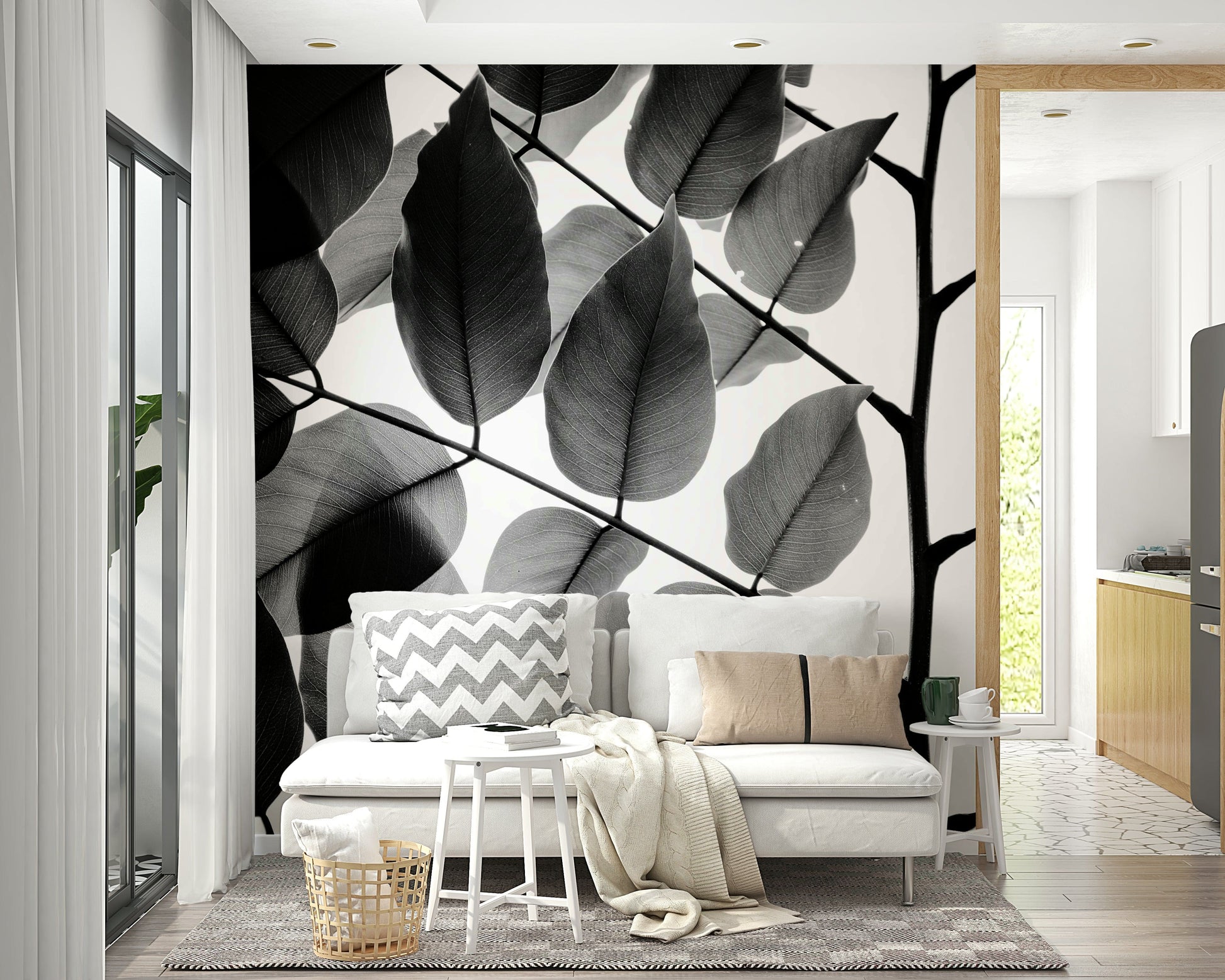 An artistic leaf pattern mural on minimalist wallpaper.

