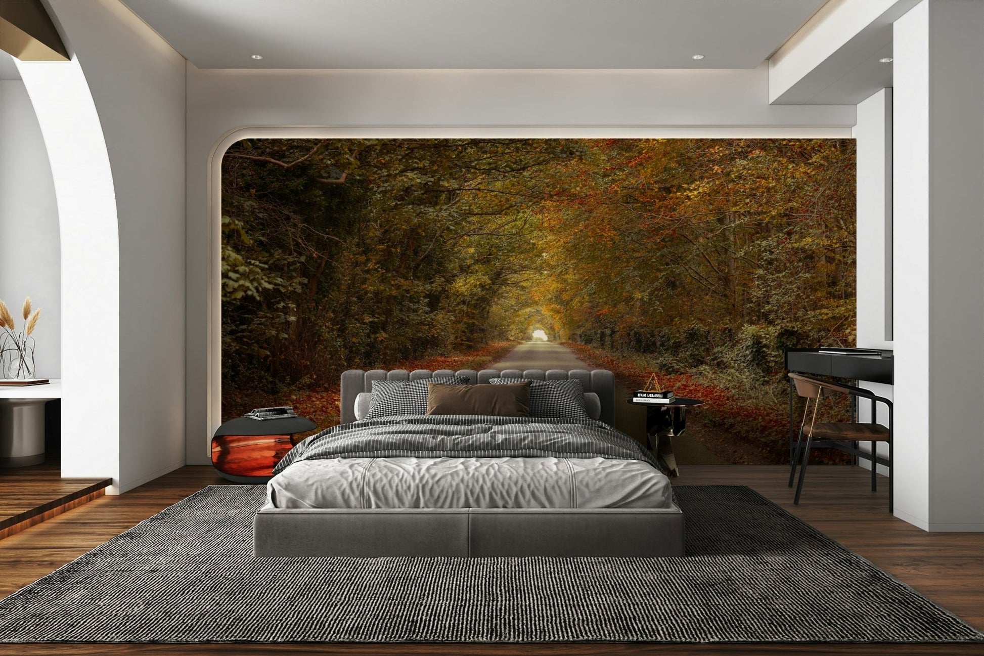 Features a scenic view of a straight road or path, disappearing into the distance.
