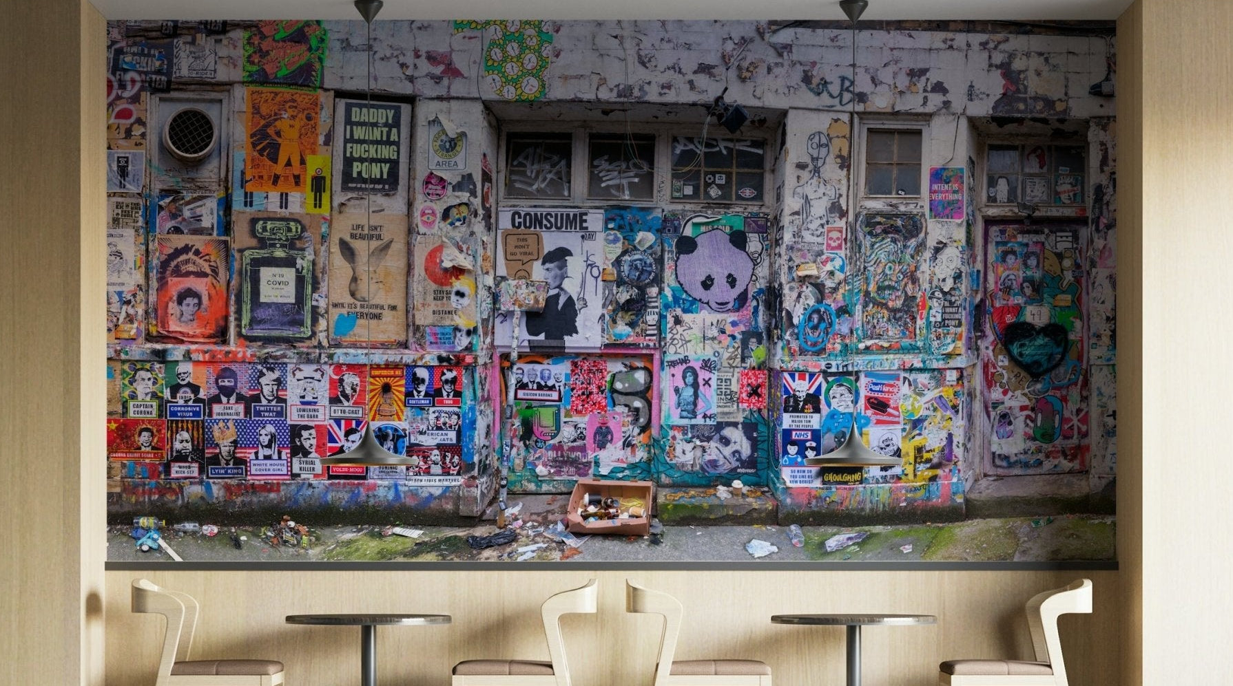 A wall mural with a graffiti pattern.

