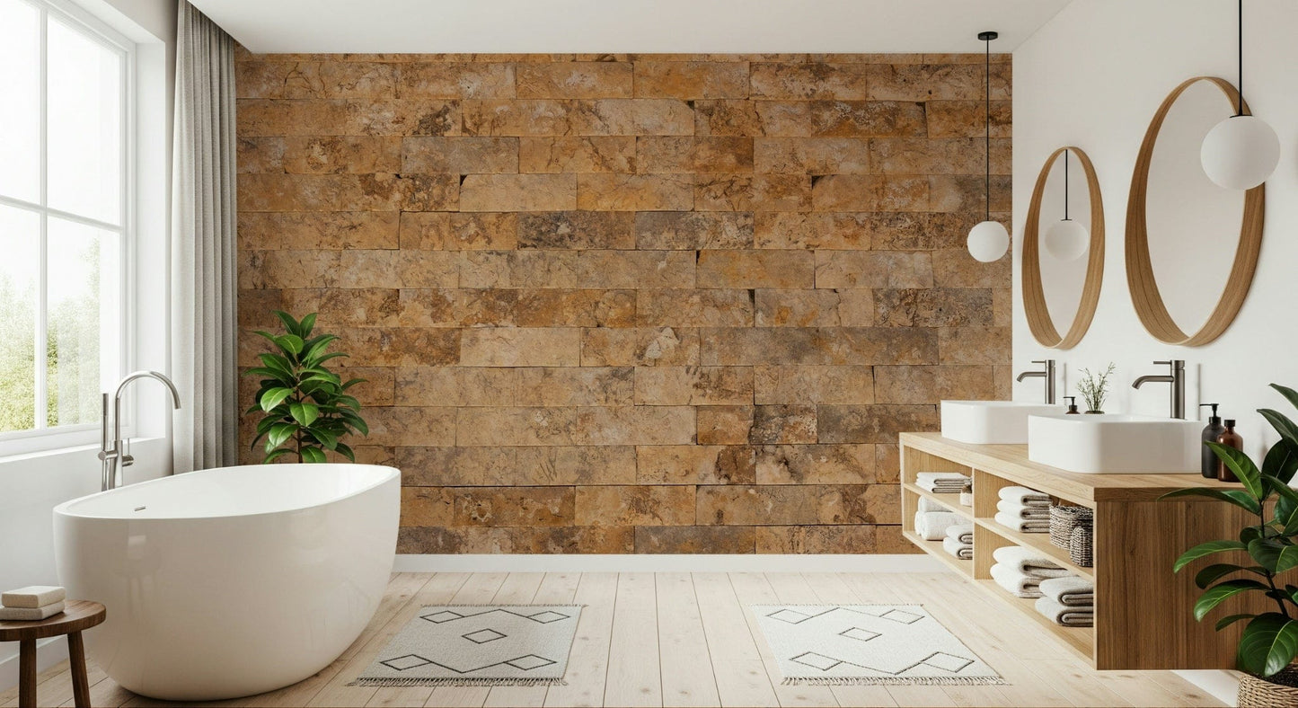 Brickwork Beauty wallpaper mural in golden brick behind a white freestanding tub in a spa-like bathroom
