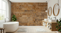Brickwork Beauty wallpaper mural in golden brick behind a white freestanding tub in a spa-like bathroom