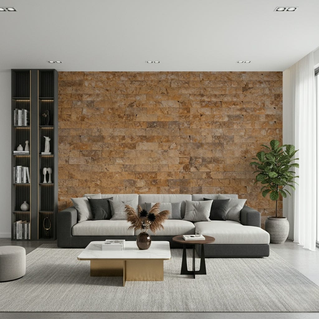 Brickwork Beauty wallpaper mural in orange stone behind a gray sectional sofa in a modern living room