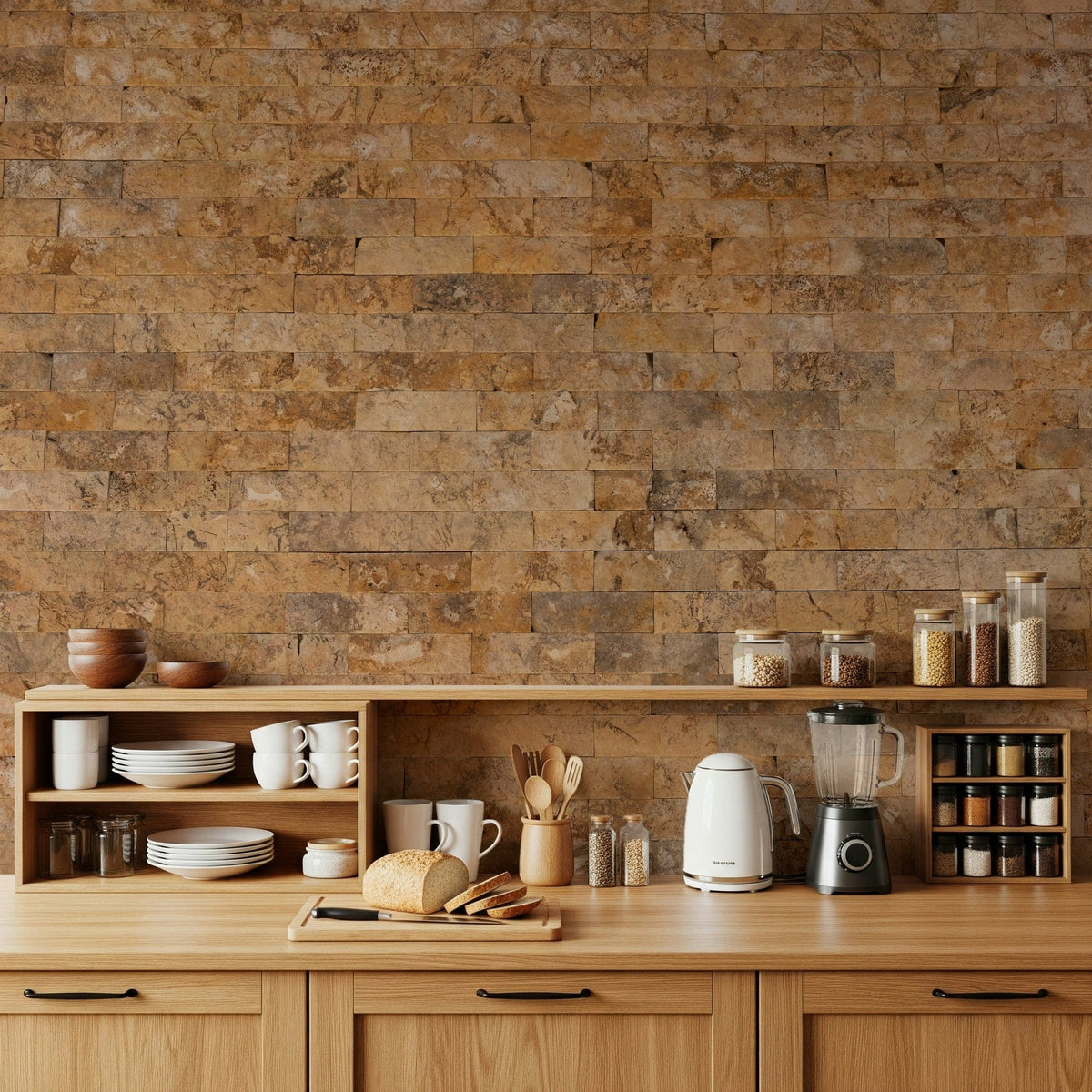 Brickwork Beauty wallpaper mural in warm brick above light wood kitchen cabinets with dishware and a kettle