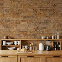 Brickwork Beauty wallpaper mural in warm brick above light wood kitchen cabinets with dishware and a kettle