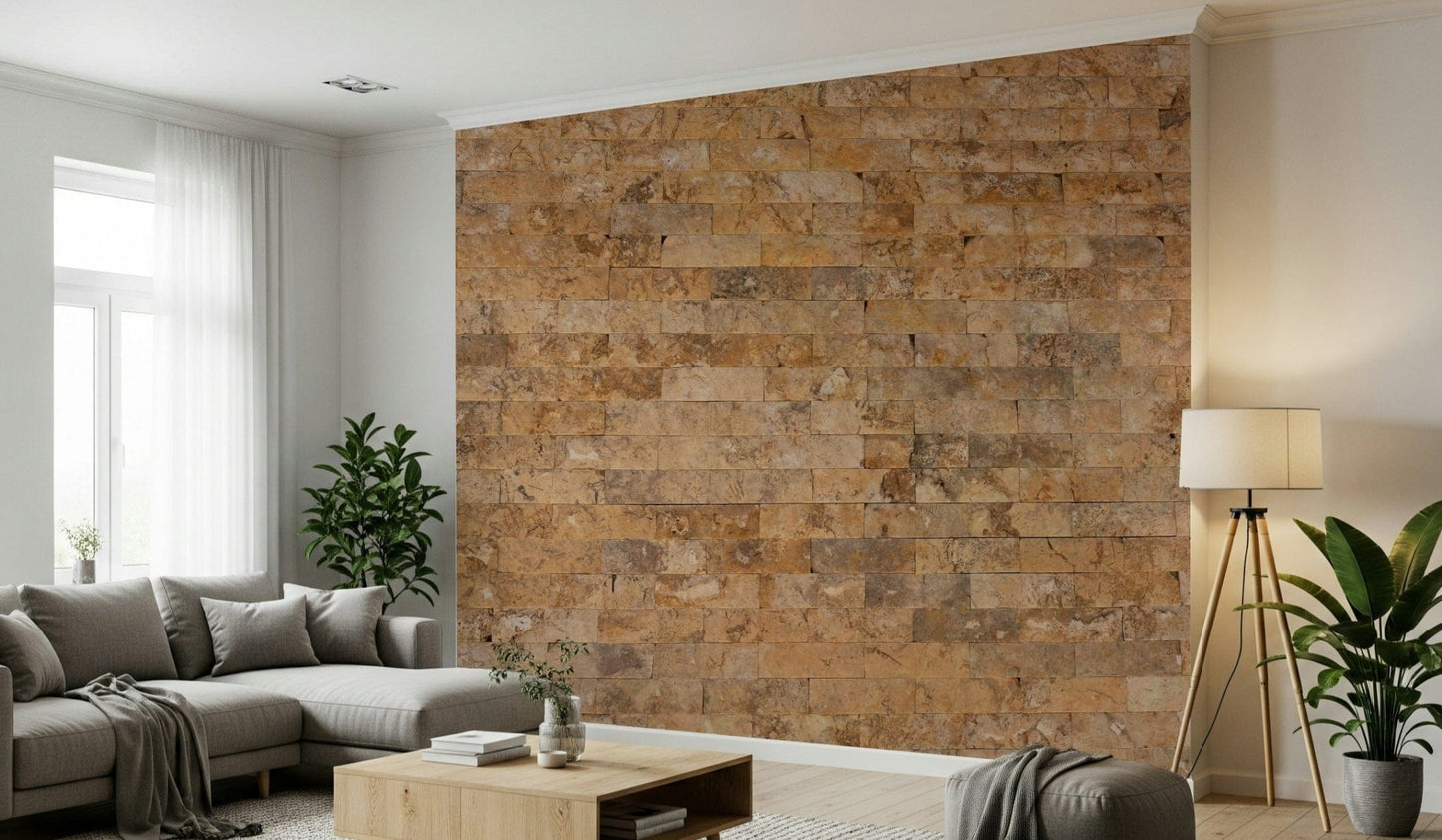Brickwork Beauty wallpaper mural as a tan brick feature wall behind a gray sofa and tripod floor lamp
