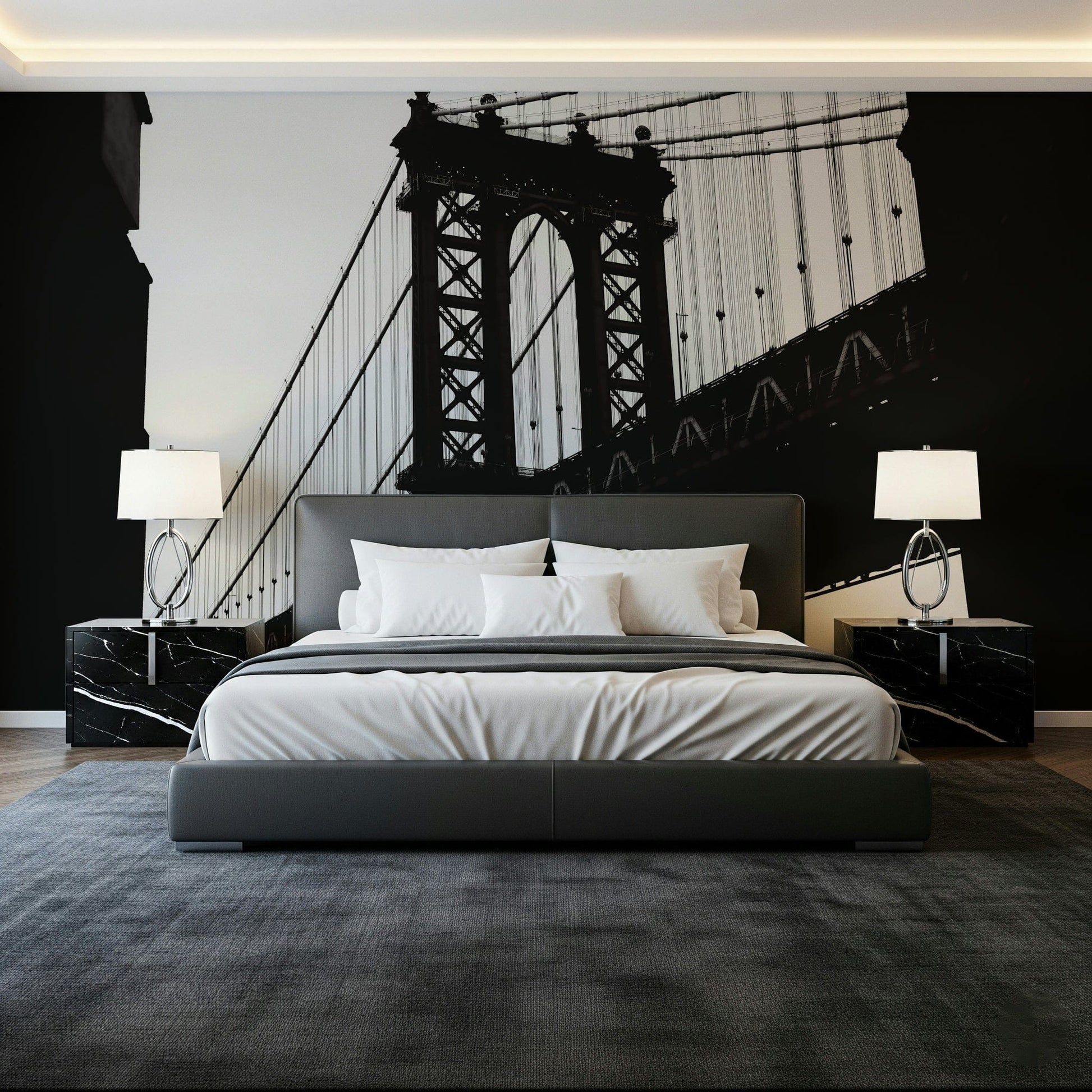 Urban Span: Bridge Silhouette Wall Mural — modern cityscape with a bold bridge outline.