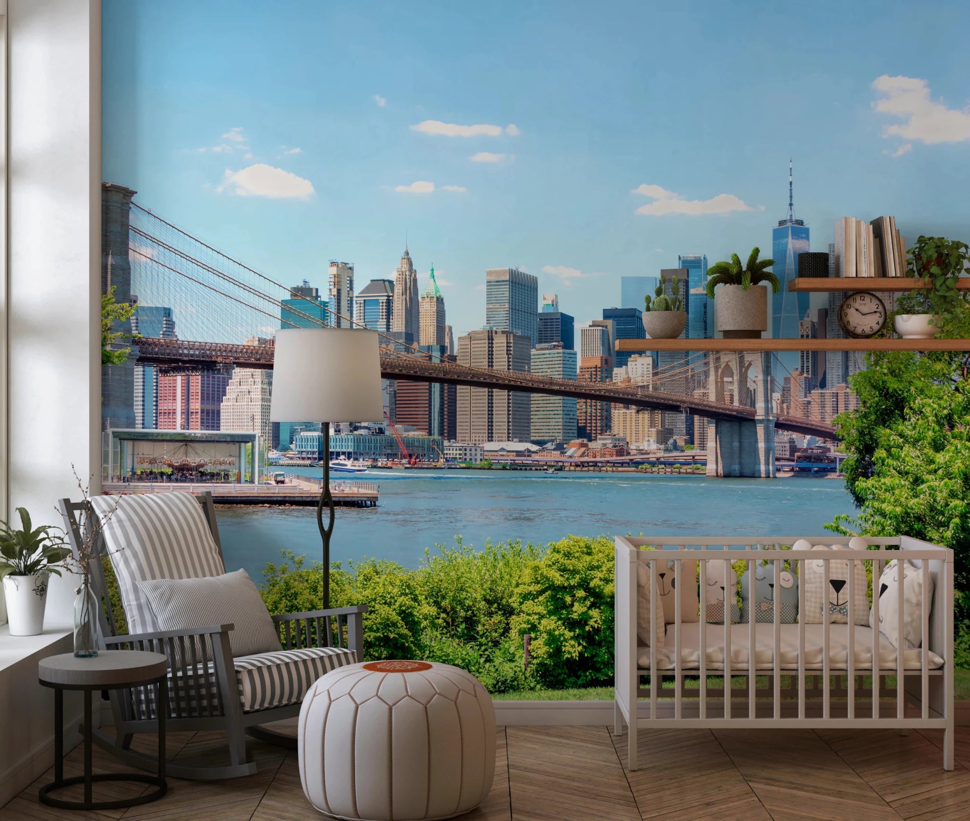 Bridge to Manhattan wall mural of the Brooklyn Bridge skyline in a nursery with a white crib and striped rocking chair
