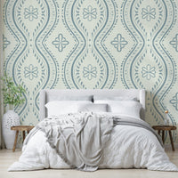 Bedroom with cool-toned ogee wall mural

