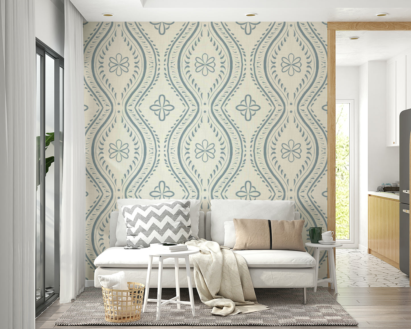 Soft blue mural wallpaper with vintage pattern

