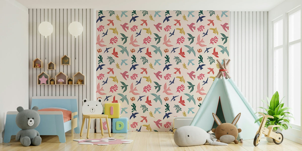 Bright Freedom Birds wallpaper in a kids room with a blue toddler bed, teddy bears and a teepee