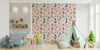 Bright Freedom Birds wallpaper in a kids room with a blue toddler bed, teddy bears and a teepee