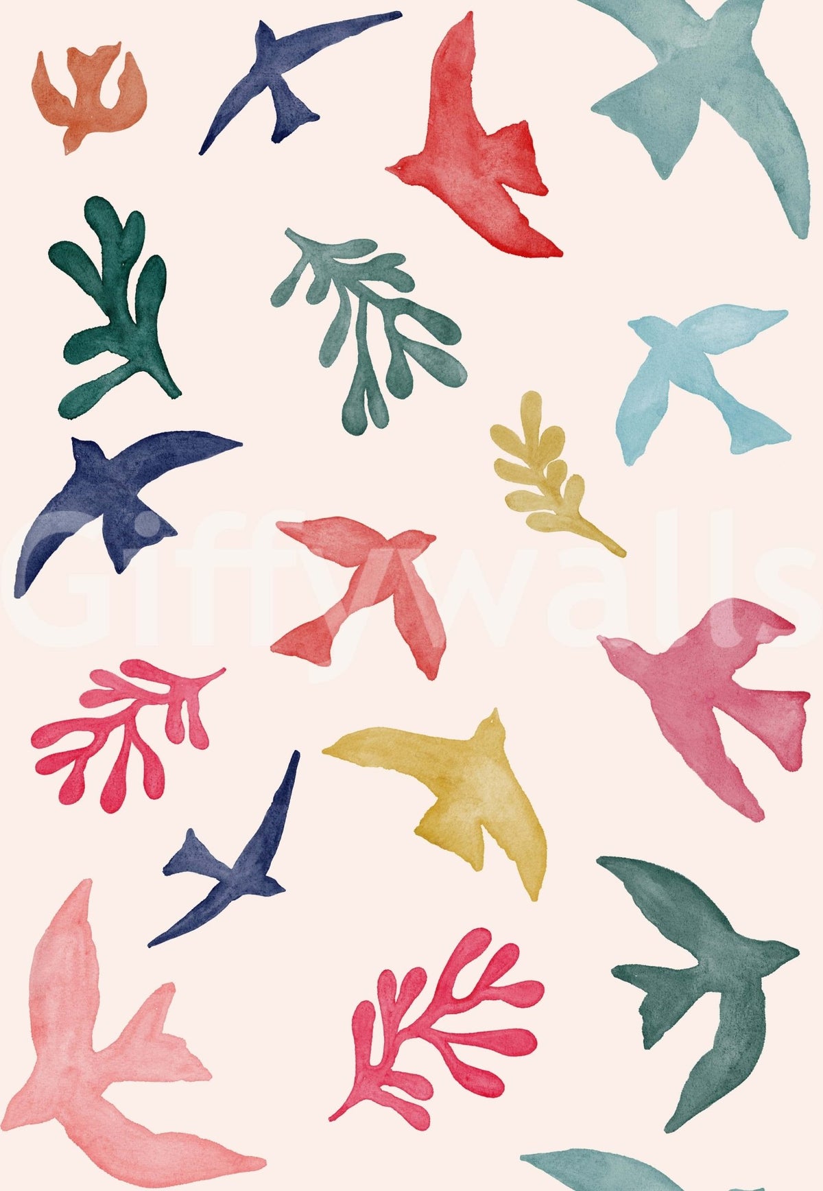 Bright Freedom Birds wallpaper close-up showing watercolor birds and leaf sprigs in pink, teal and gold