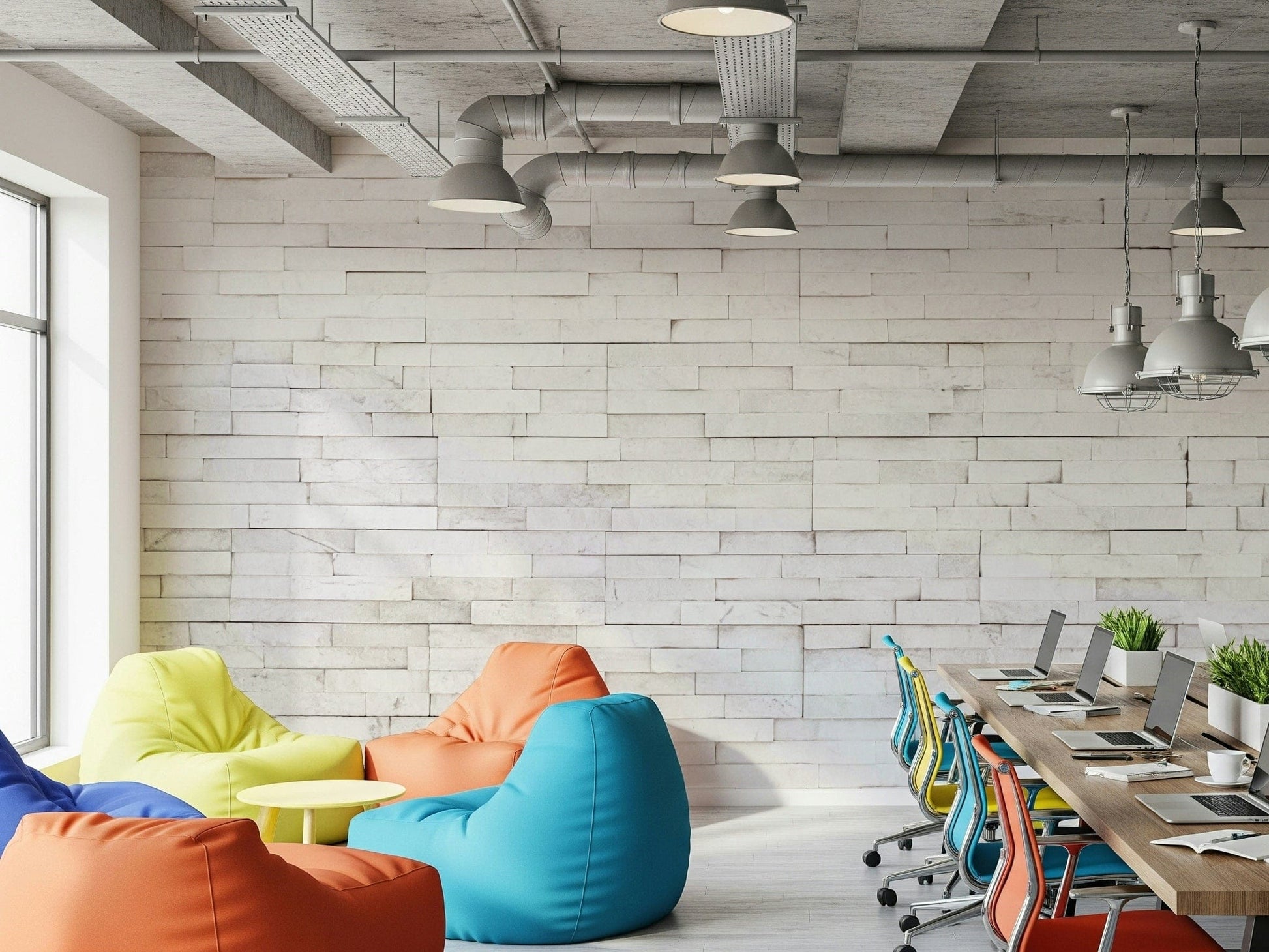 Textured stacked stone wall mural combining light neutral shades for a clean, elegant accent wall.