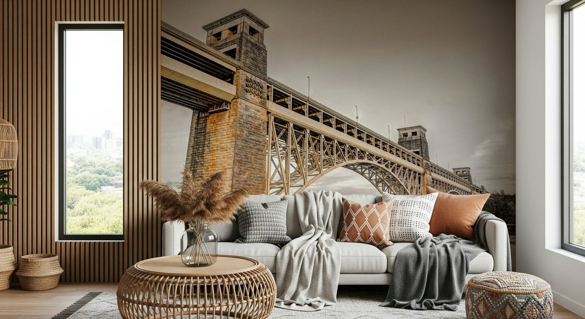 Stylish Britannia Bridge mural adds sophisticated urban atmosphere.