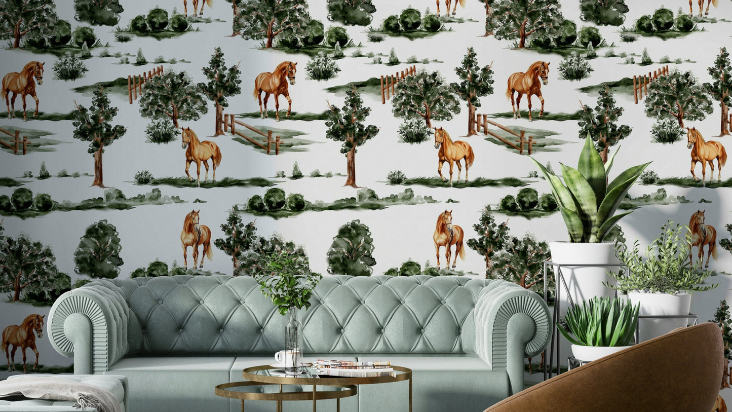 Wallpaper mural of horses in a field.

